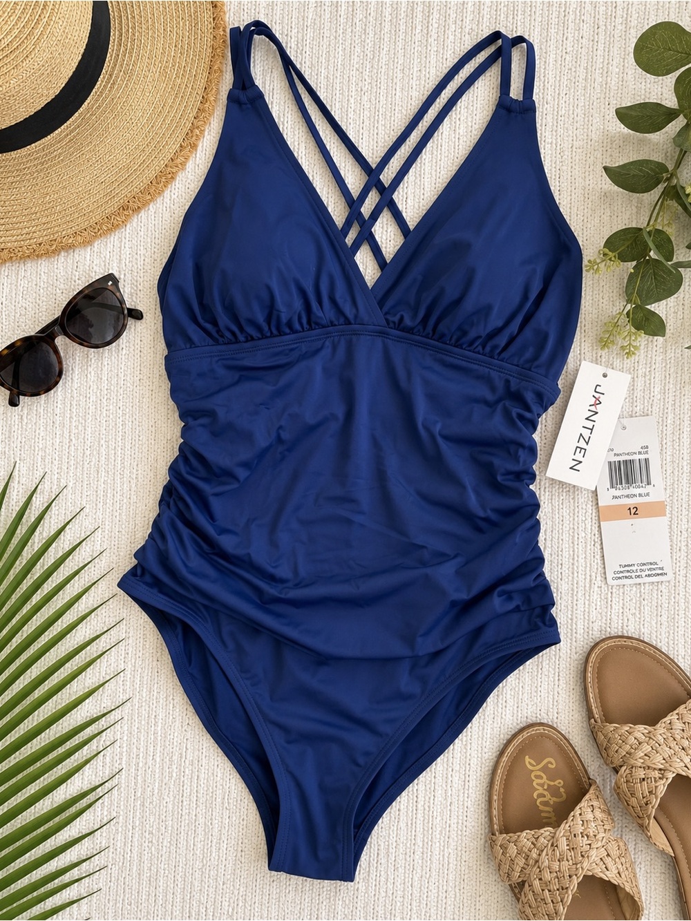 Jantzen One Piece Swimsuit Size 12 Blue Tummy Control Strappy Back Ruched NWT